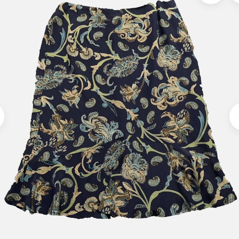 TALBOTS Skirt Lovely Muted Navy Floral Print Silk Lined Like-New Sz 8